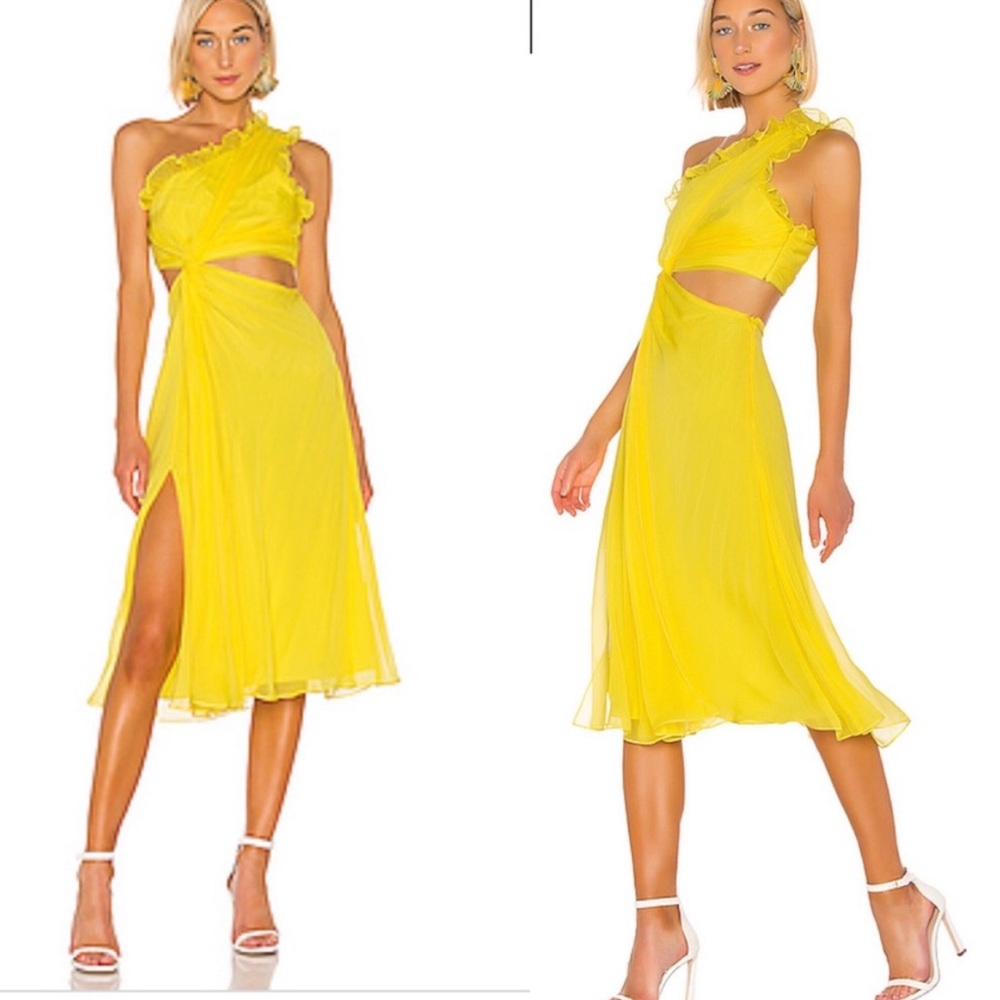 Cinq a Sept Corrine Yellow One Shoulder midi Dress - Picture 2 of 9